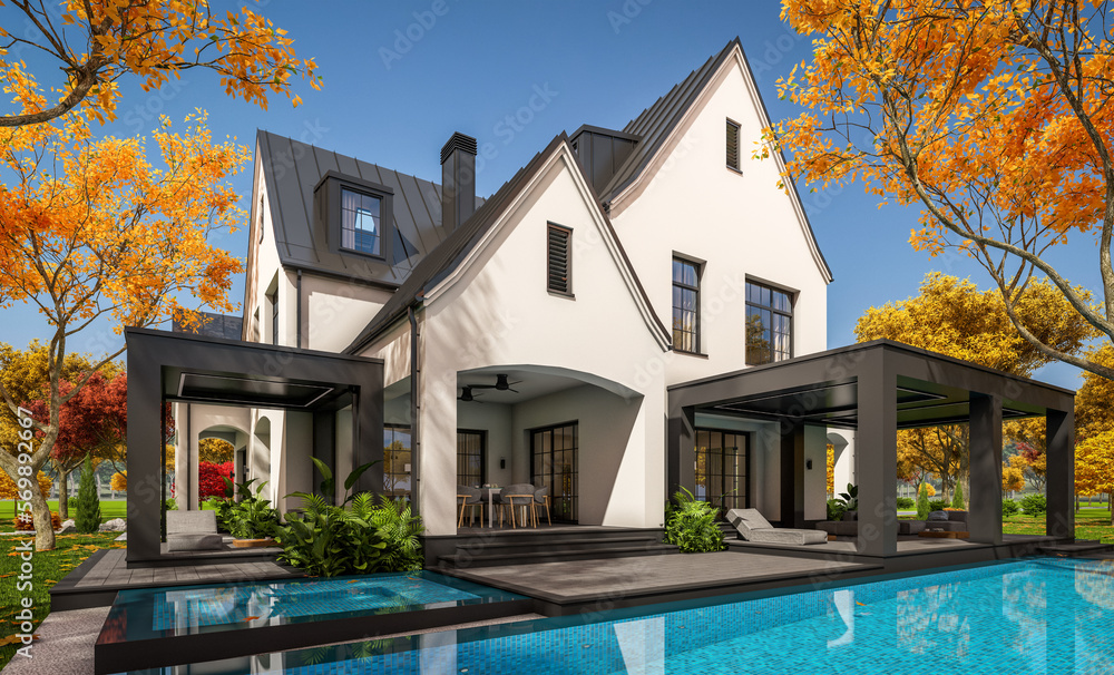 3d rendering of cute cozy white and black modern Tudor style house with parking  and pool for sale or rent with beautiful landscaping. Fairy roofs. Clear sunny autumn day with golden leaves anywhere