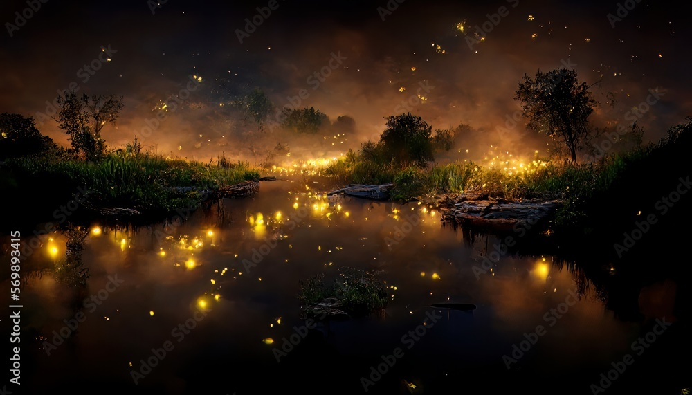 Mysterious enchanted forest concept at night. Fireflies fly over the sparkling river water. Generative AI