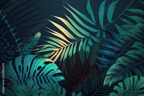 dark blue tone, a shadow of a tropical palm leaf, and an abstract natural green background. Generative AI