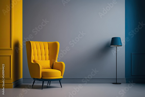Interior design of living room with yellow armchair and slight blue accents - Generative AI