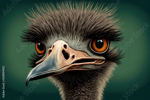 curious female ostrich, head shot in closeup. Generative AI