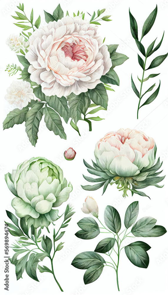 Peony in Marker drawing, Flower Illustration Set. Invitations and Cards. Generative AI