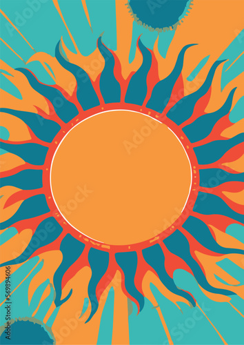Set of backgrounds for the sun text. Set of backgrounds for hippie text, positive art, hippie art, psychedelic art inspired by the 1970s, 1960s. The poster is bright sunny. Solar Art Festival. 