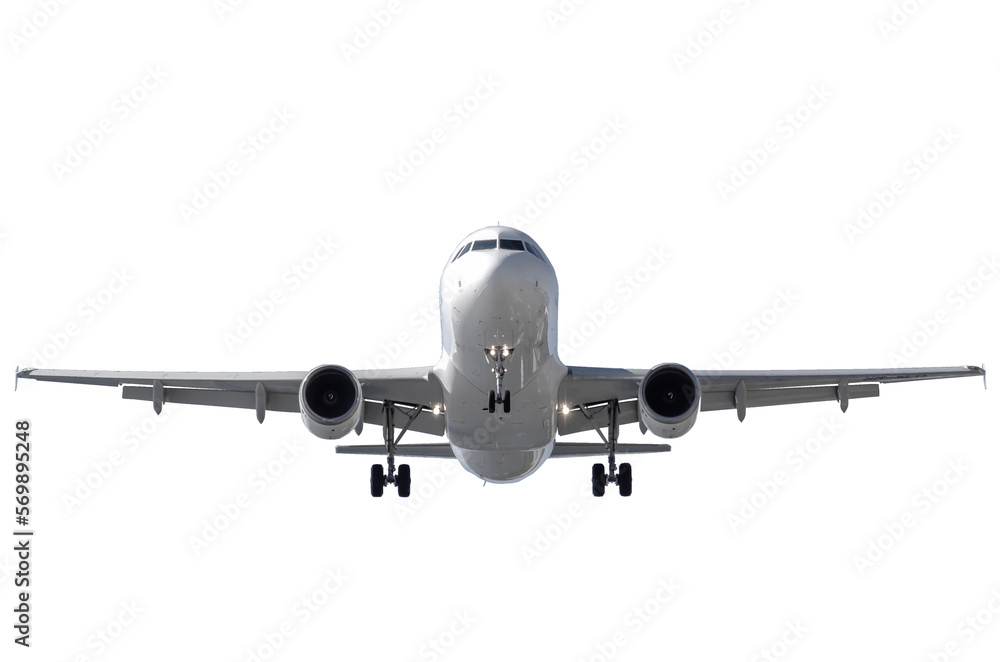 Vista frontal de un avión de pasajeros con fondo blanco Vista frontal de un avión de pasajeros con fondo blanco