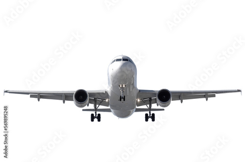 Vista frontal de un avión de pasajeros con fondo blanco