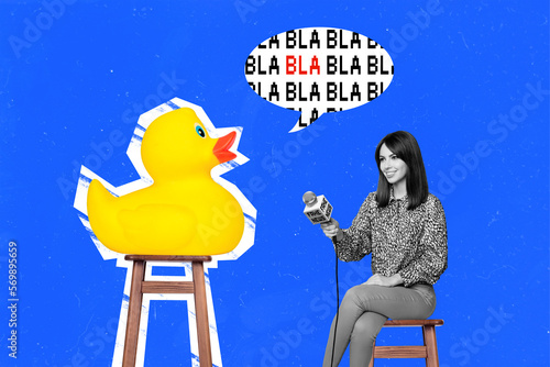 3d retro abstract creative artwork template collage of journalist tacking interview rubber plastic duck isolated painting background photo
