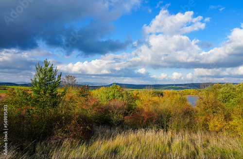 View of the Goldbergsee near Malsfeld. Lake in a former lignite opencast mine. Landscape at the nature reserve. Ostheimer See. 