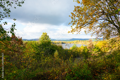 View of the Goldbergsee near Malsfeld. Lake in a former lignite opencast mine. Landscape at the nature reserve. Ostheimer See. 