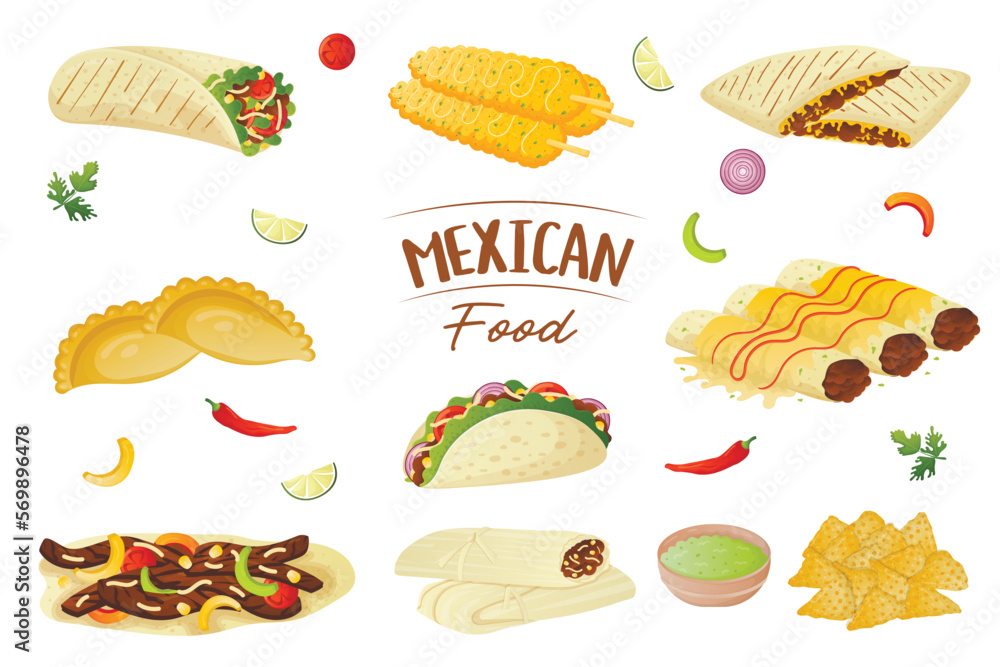 Obraz premium Mexican food collection, nachos, burritos, tacos, tamales, fajita, enchilada, empanadas and elotes. Minced meat in corn tortillas with vegetables