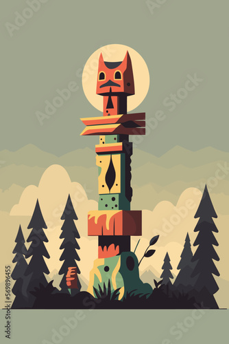 Colored Indian Wooden totem pole with tiki mask and eagle. Vector cartoon illustration