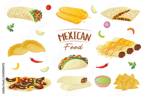 Mexican food collection, nachos, burritos, tacos, tamales, fajita, enchilada, empanadas and elotes. Minced meat in corn tortillas with vegetables