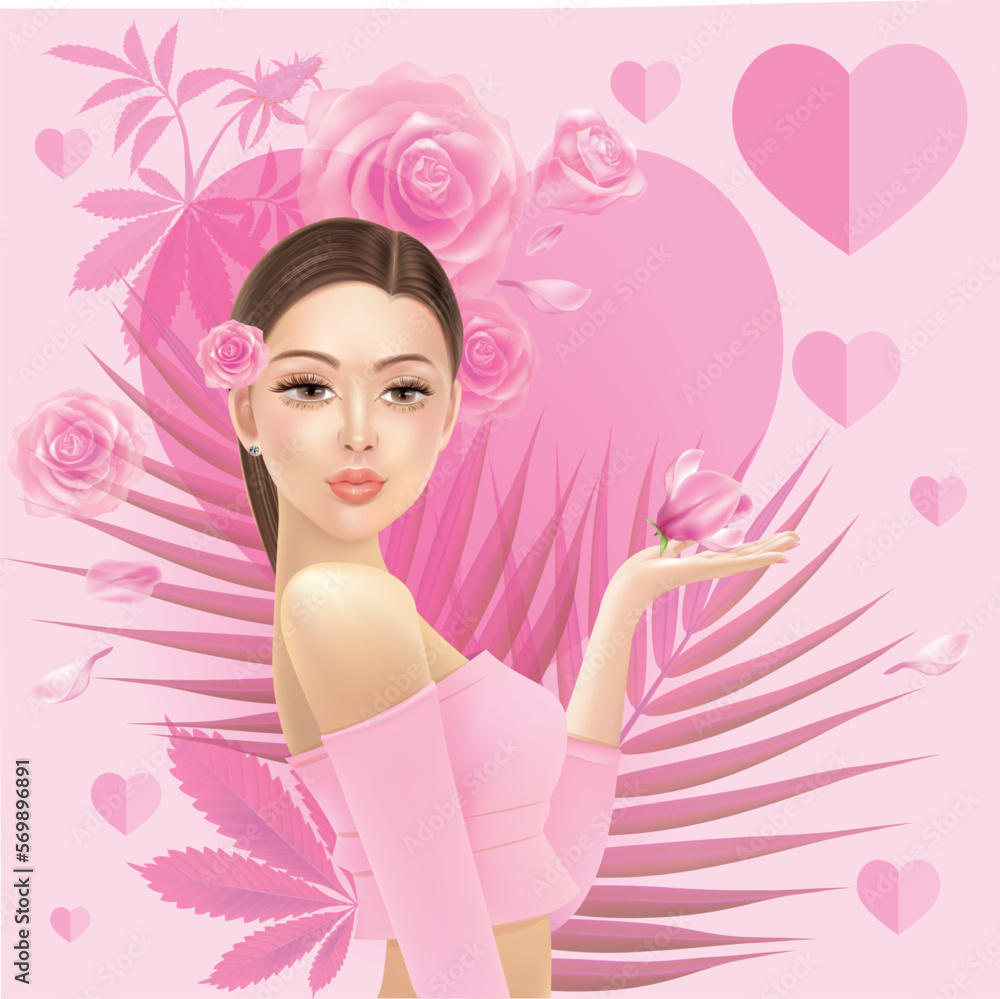 Beautiful woman portrait with pink flowers background and heart shape. images for valentine card Beautiful woman portrait with pink flowers background and heart shape. images for valentine card