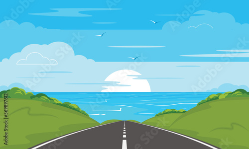 Road to the sea. Seascape with wooded hills, blue sky and sunset.