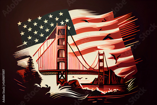 A vibrant illustration of the iconic city of San Francisco, showcasing its famous landmarks against the backdrop of the United States flag. Generative AI.