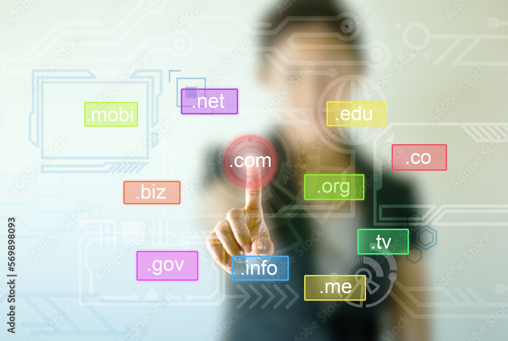 Business woman hand touching on domain name icon Business woman hand touching on domain name icon