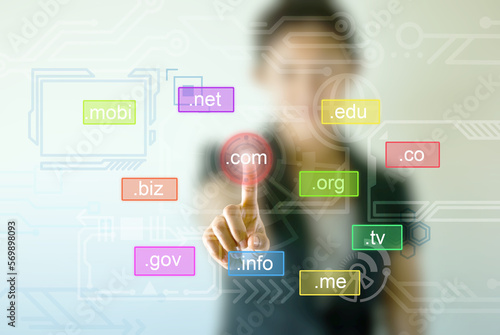 Photography Business woman hand touching on domain name icon