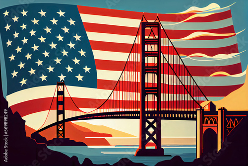 A vibrant illustration of the iconic city of San Francisco, showcasing its famous landmarks against the backdrop of the United States flag. Generative AI.
