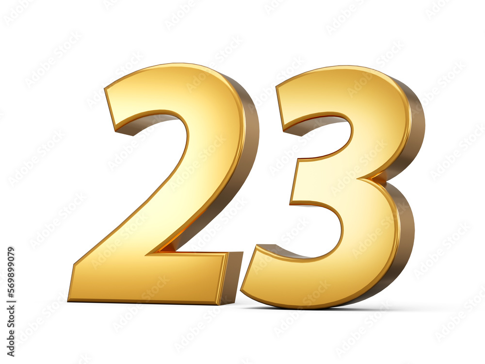 Golden metallic Number 23 Twenty three, White background 3d illustration Golden metallic Number 23 Twenty three, White background 3d illustration