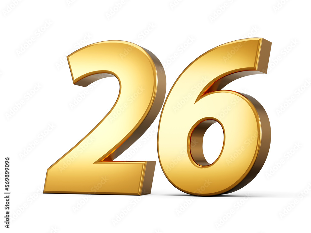 Golden metallic Number 26 twenty six , White background 3d illustration Golden metallic Number 26 twenty six , White background 3d illustration