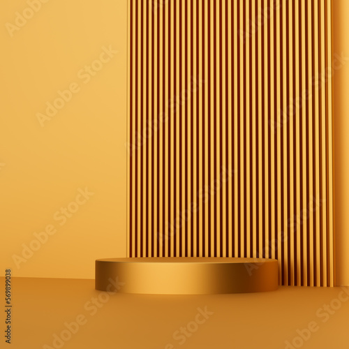 Gold color background with geometric shapes, pedestal empty circle wall shape 3d illustration