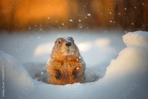 Happy Groundhog Day. Groundhog Emerging from a Snow , ai generated