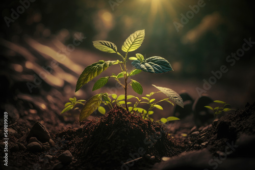 young plant growing in garden with sunlight