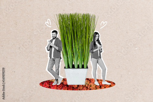 Creative photo artwork collage of young man silhouette texting message online with girlfriend growing green grass pot isolated on grey background