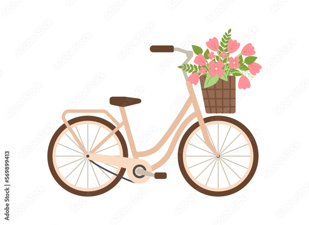 Cute Ladies bicycle with basket of spring flowers. Women city retro bike. Summer travel, cycling. Floral vintage journey concept. Bouquet tulips. Romance. Flat vector illustration on white background