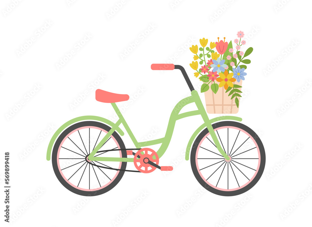 Cute rustic bicycle with colorful flowers in basket. Ladies Women's city Retro bike. Spring, Summer travel, cycling. Floral vintage journey concept. Romance. Vector illustration on white background