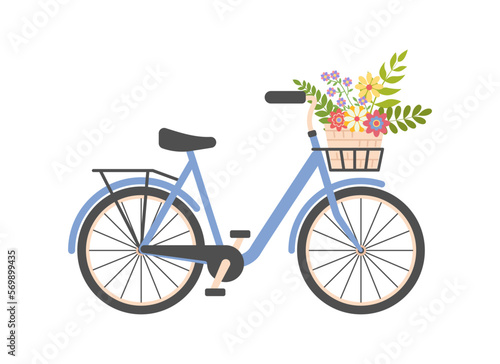 Cute Ladies blue bicycle with basket of spring flowers. Women city retro bike. Summer floral vintage journey concept. Romance. Good for cards, greeting. Flat vector illustration on white background