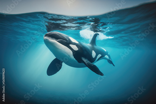 Killer Whale underwater, orcinus orca, Adult Breatching, killer whale jumping out of the water at sunset. Generative AI © ROMAN