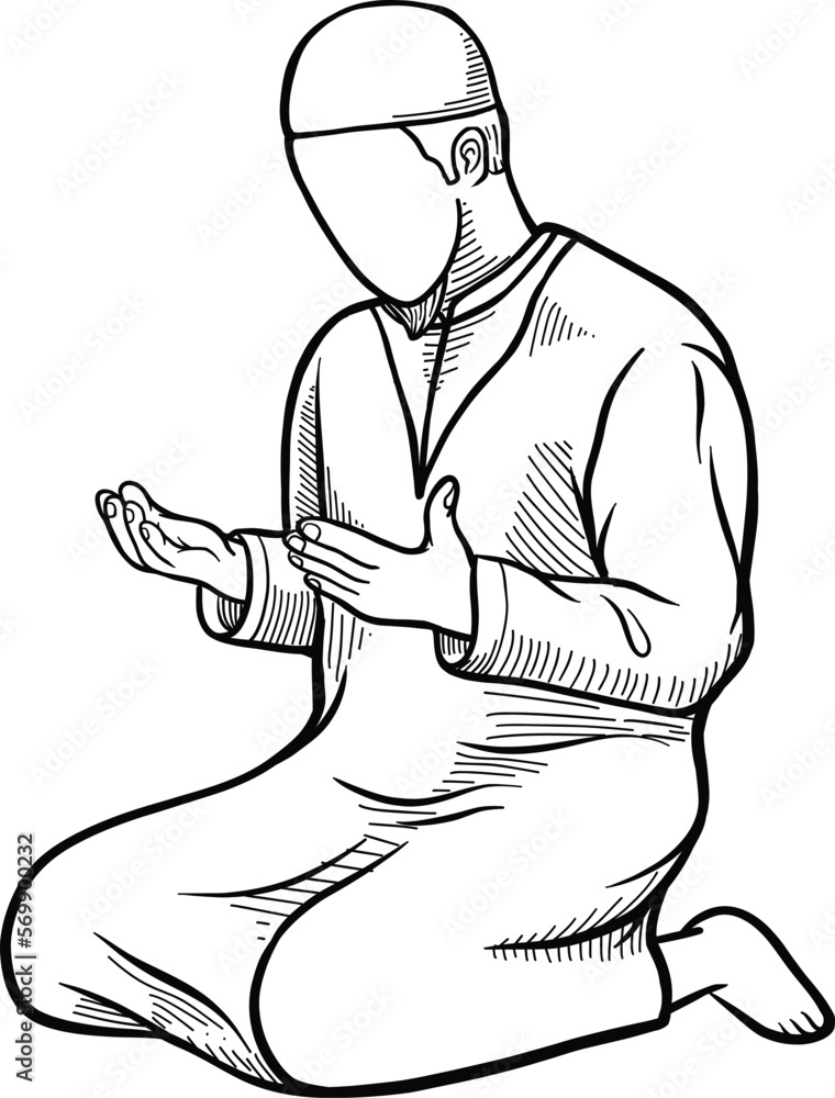 Vector line art illustration of muslim man praying isolated on white. Ramadan Kareem, Eid Mubarak, Islamic theme and background Vector line art illustration of muslim man praying isolated on white. Ramadan Kareem, Eid Mubarak, Islamic theme and background
