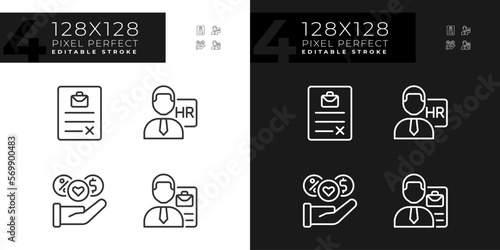 Job position benefits pixel perfect linear icons set for dark, light mode. Human resource manager. Sign contract. Thin line symbols for night, day theme. Isolated illustrations. Editable stroke