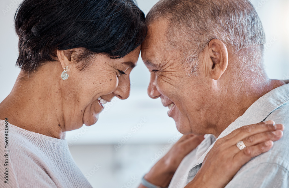 Senior couple, face and a hug for love with a happy smile, commitment and trust together in home. Old man and woman in healthy marriage with care, support and security for retirement lifestyle Senior couple, face and a hug for love with a happy smile, commitment and trust together in home. Old man and woman in healthy marriage with care, support and security for retirement lifestyle