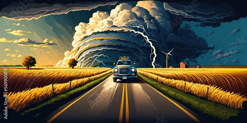 Driving on a straight dirt road through cultivated fields of corn and wheat crops towards the menacing tornado storm. Generative AI