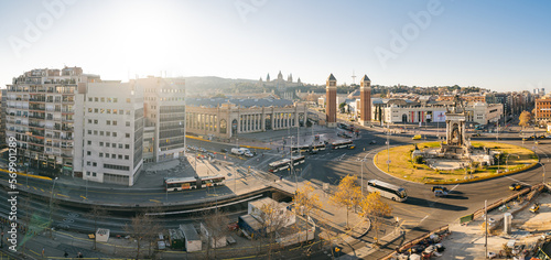 Aerial view of Placa d'Espanya, towards the Venetian Towers and the National Art Museum. This iconic square is located at the foot of Montjuic and it's a major landmark in Barcelona, Catalonia, Spain photo