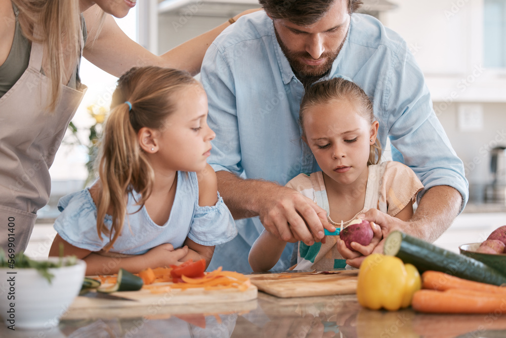Cooking, kitchen and parents with children with vegetables for healthy lunch, food nutrition or meal prep together. Family, chef skills and dad with girls learning, teaching and help cut ingredients