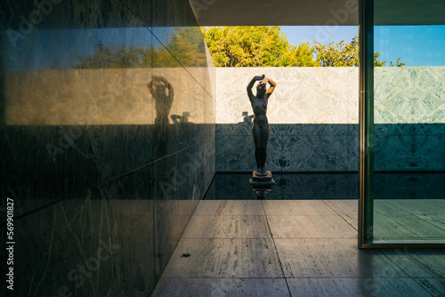 The Modern Barcelona Pavilion from the pool angle in the evening