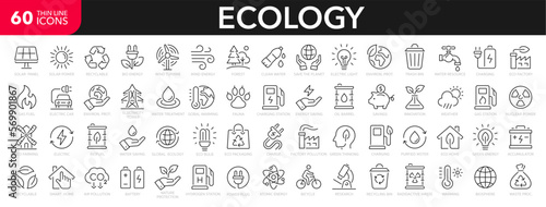 Ecology line icons set. Renewable energy outline icons collection. Solar panel, recycle, eco, bio, power, water - stock vector. © Comauthor