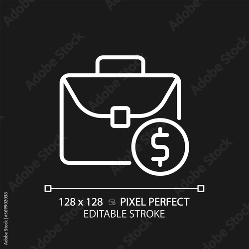 Salary pixel perfect white linear icon for dark theme. Worker payment. Compensation for work. Fixed wages. Hiring. Thin line illustration. Isolated symbol for night mode. Editable stroke