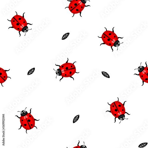 Ladybugs spring seamless vector pattern. Red beetles with leaves © barberry