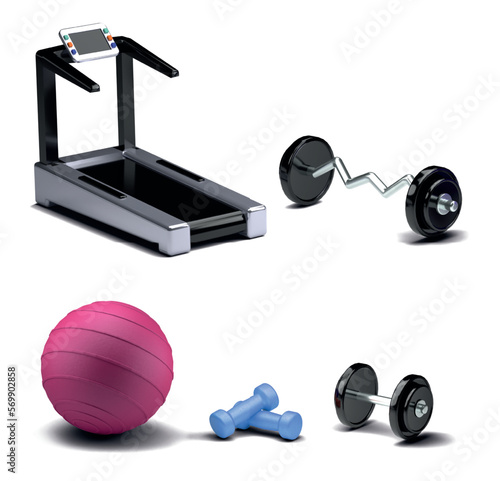 Fitness equipment 3D. Concept with 3d render realistic pink dumbbells, barbell, blue ball, weights and treadmill isolated on white background. Vector illustration