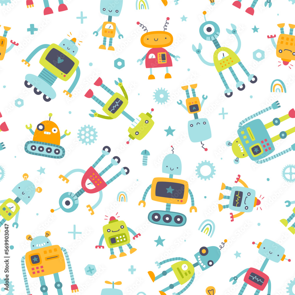 Naklejka premium Cute pattern with diverse colorful robots for kids. Seamless funny vector print for baby textile and fabric.