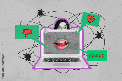 Cuadro en lienzo Creative magazine poster collage of scared influencer lady blogging suffer hate