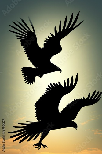 Eagle in flight. Black silhouette. Landing attacking prey bird. Side view. Isolated vector illustration - generative ai