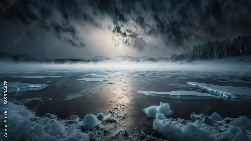 Frozen lake, ice on lake with fog, natural landscape in moonlight, generative ai.