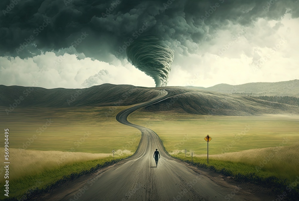 man walking on road head to bad weather black storm, Generative Ai, 