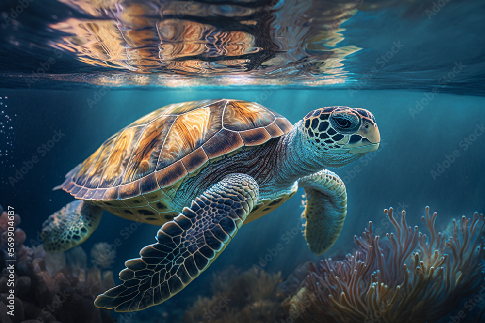 Obraz premium Big turtle underwater on a reef background, generated ai