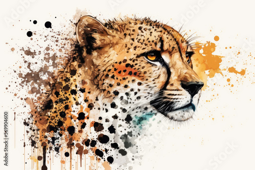 Watercolor cheetah close up portrait, Realistic painting on white background, Generative AI