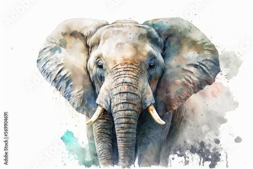 Watercolor elephant close up portrait, Realistic painting on white background, Generative AI